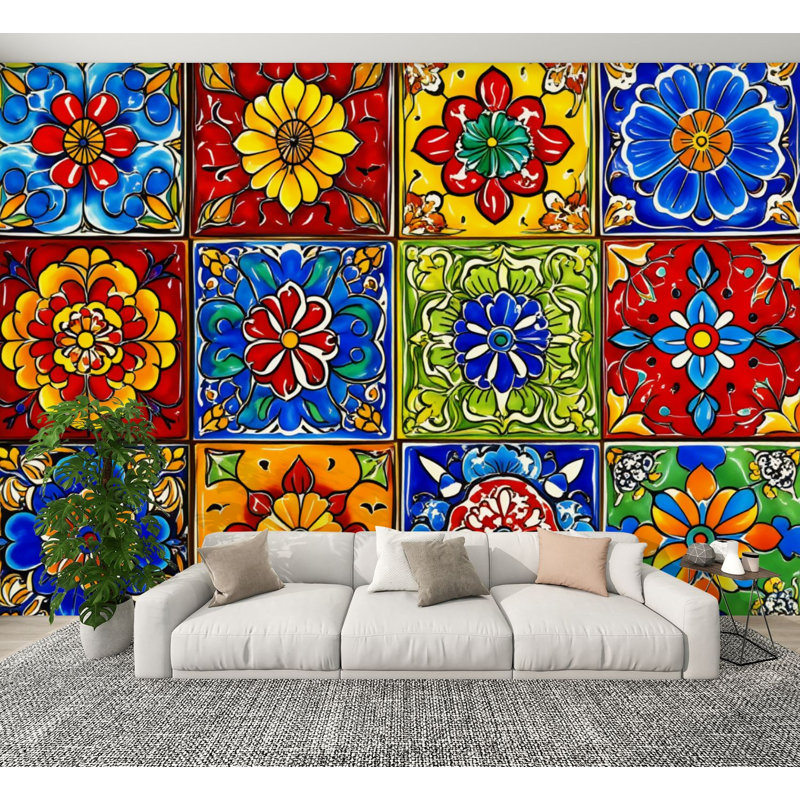 Papier peint adhésif auto-adhésif mexicain Talavera, L 144 po x l 100 po