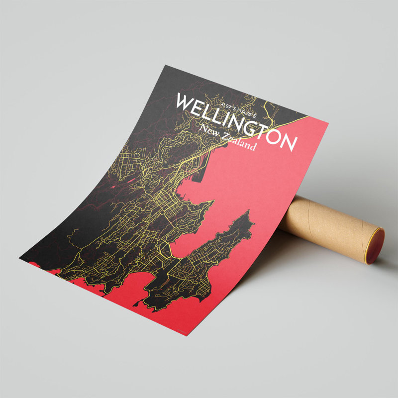 Wellington, carte de la ville, impression, Noir / rouge / jaune, H 24 po x l 18 po