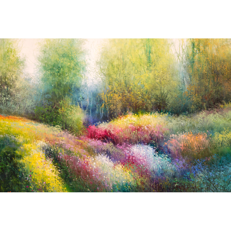 Spring Meadow With Colorful Flowers And Tre by Giorez - Wrapped Canvas Painting, 30cm H x 46cm W
