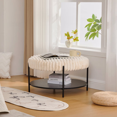 Repose-pieds de 30,9 po de large avec repose-pieds rond avec repose-pieds en métal noir, repose-pieds avec tablette de rangement ouverte en bois, repose-pieds en fausse fourrure