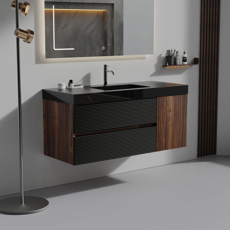 Ensemble de meuble-lavabo mural simple 48 po avec comptoir à surface solide 48 po, Noir mat