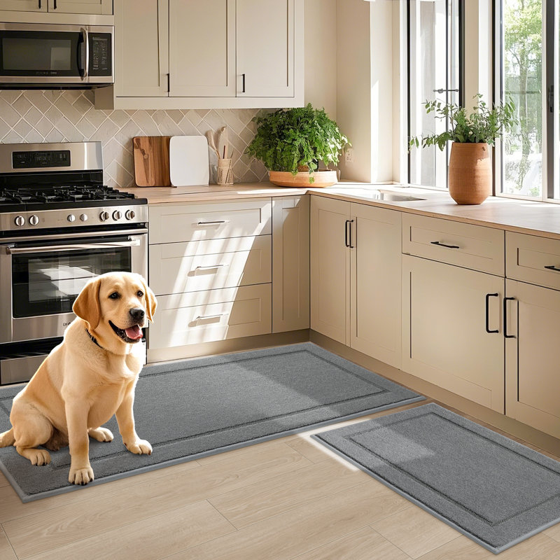 Geometric Polyester Non-Skid Kitchen Mat, Runner 61cm x 152.4cm, Light Grey
