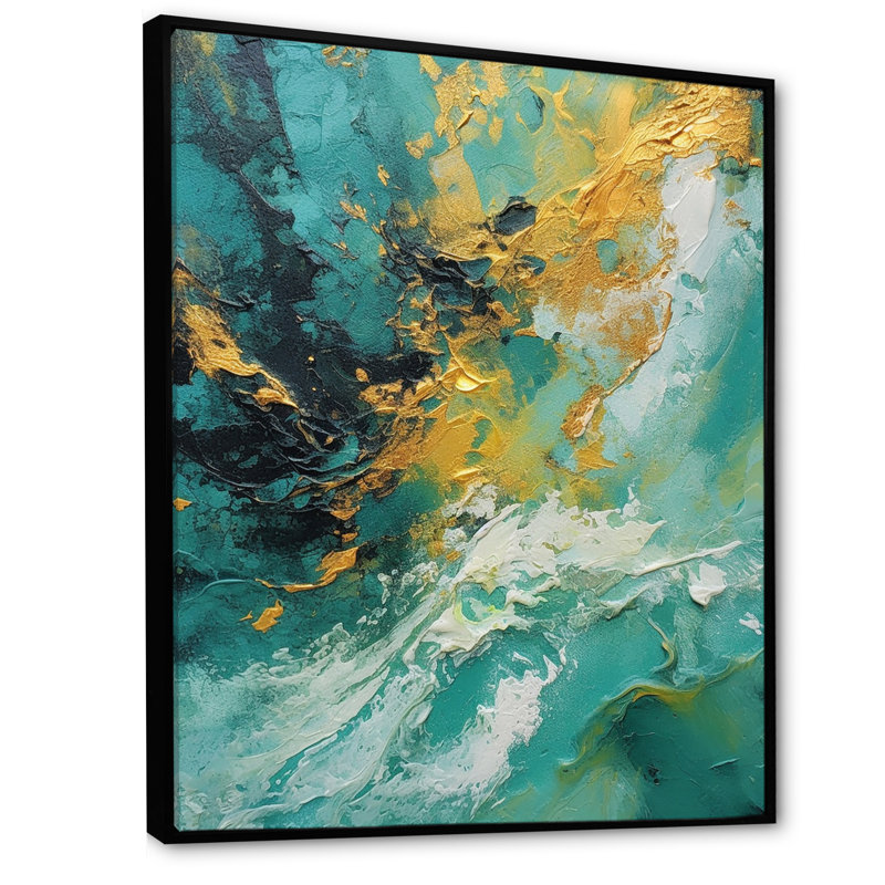 «Golden Turquoise Waves Breaking Abstract I», reproduction d'art sur toile, Cadre flottant noir, H 44 po x l 34 po x P 1,5 po