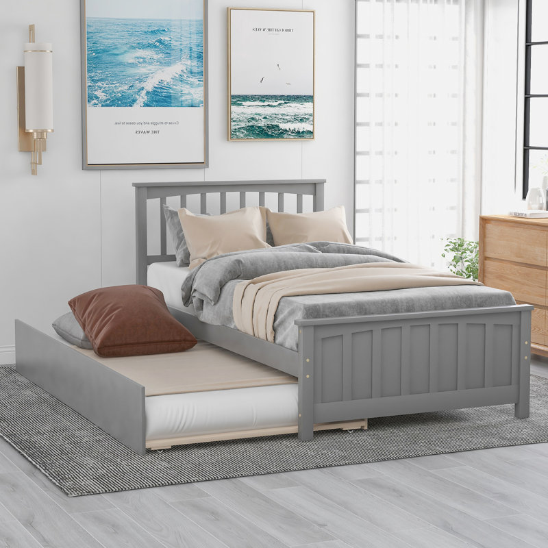 Twin Size Platform Bed With Trundle, Gray