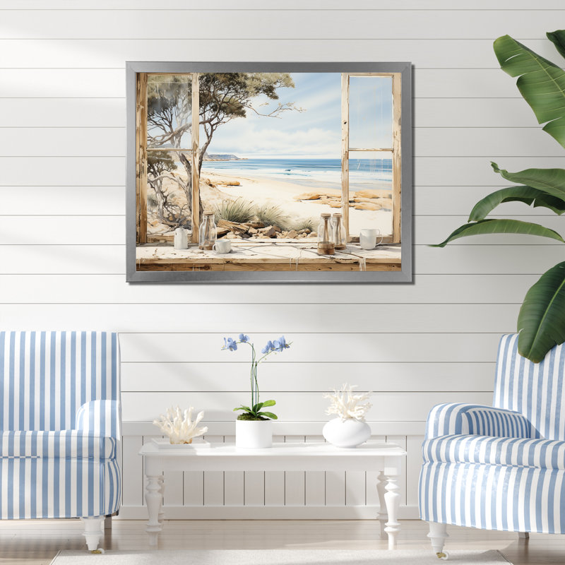 «Beachside Cottage Charm I - Coastal Windows», art mural, Cadre flottant doré, H 24 po x l 32 po x P 1 po
