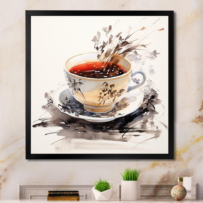 Red Red Teacup Delight I - art mural chinois, Cadre simple noir, H 16 po x l 16 po x P 1 po