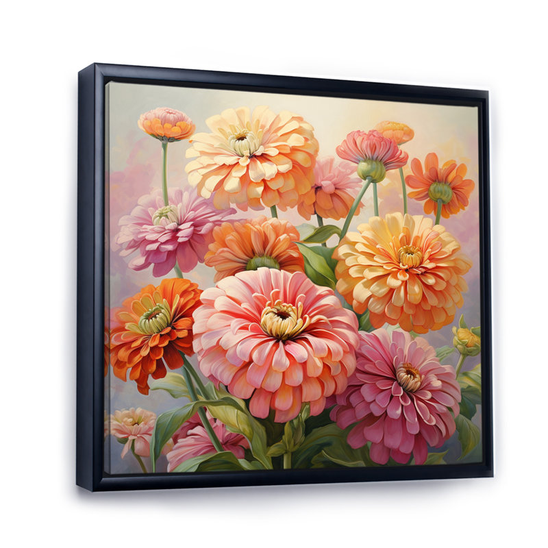 «Light Light Zinnias Romantic Impression I», reproduction sur toile, H 16 po x l 16 po x P 1 po, Cadre flottant noir