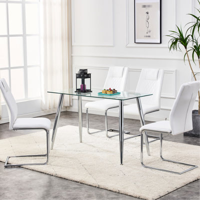 Modern Dining Chairs Of 4 - Faux Leather Padded Seat With Metal Legs For Kitchen, Living, Bedroom, Room White + Pu Easy Assembly Upholstered