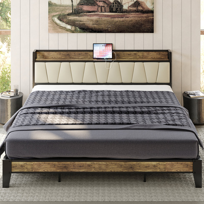 Platform Bed Frame with Storage, Upholstere Headboard with Charging Station, Sturdy Metal Support, Noise-Free, No Box Spring Needed, Easy Assembly