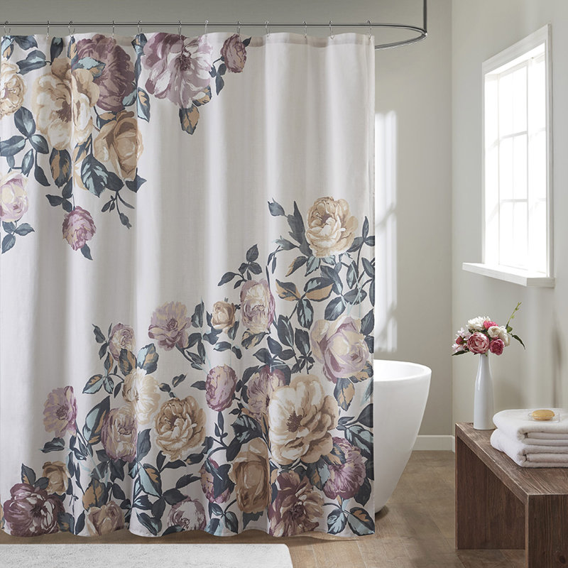 Rideau de douche en coton à imprimé floral, Ivoire