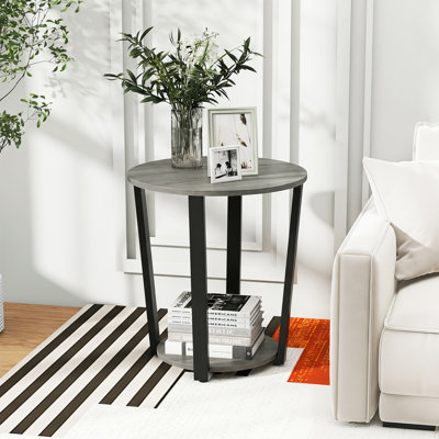 1 PCS 2-tier Round Side Table, Home Accent Table with Storage Shelf, Metal Frame Gray Oak
