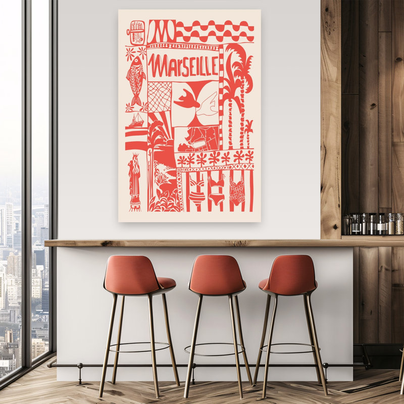 Marseille Summer Vacation Abstract Palm Tree Fish Architecture Beach Wall Art Print 1 Piece Wrapped Canvas Wall Art