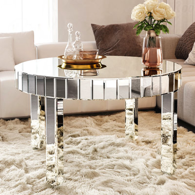 31,5 po de largeur x 31,5 po de profondeur x 18 po de hauteur, table basse ronde éblouissante avec miroir cannelé pour le salon