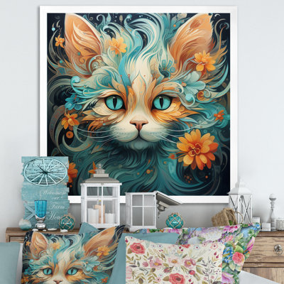" Magical Amber And Teal Cat With Flowers I "