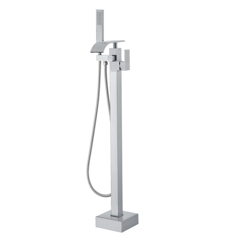 Robinets de mélangeur de douche Robinet de baignoire autoportant Aspect brossé lisse Débit élevé à deux poignées Fixation au sol 360 ° Bec pivotant Deux modes d'eau pour le bain et la douche Composants en laiton fin