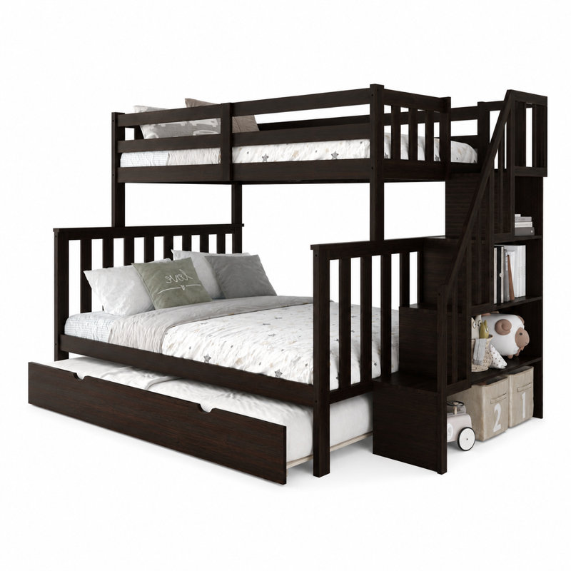 Twin Over Full Bunk Bed with Trundle and Storage, No Box Spring Required, Espresso, Espresso