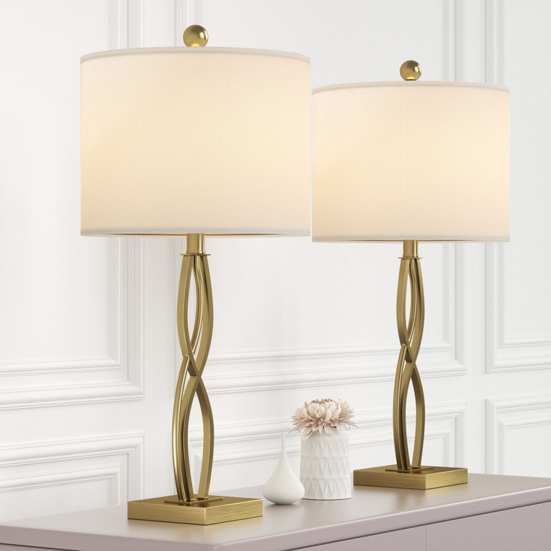 26" Modern Polished Gold Metal Table Lamp with 3 Way Dimmable Light and Linen Drum Shade, Polished Brass