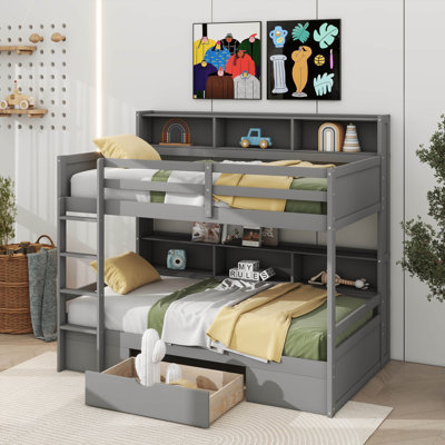 Twin Size Bunk Bed With Upper Lower Built In Shelves And Storage Drawer