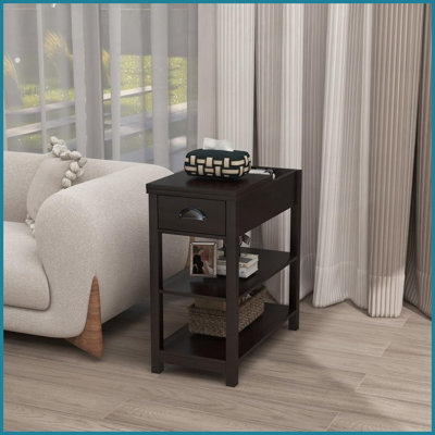 Space-Saving Brown Retro Coffee Table with Flip-Over Storage, Narrow Design for Small Living Spaces