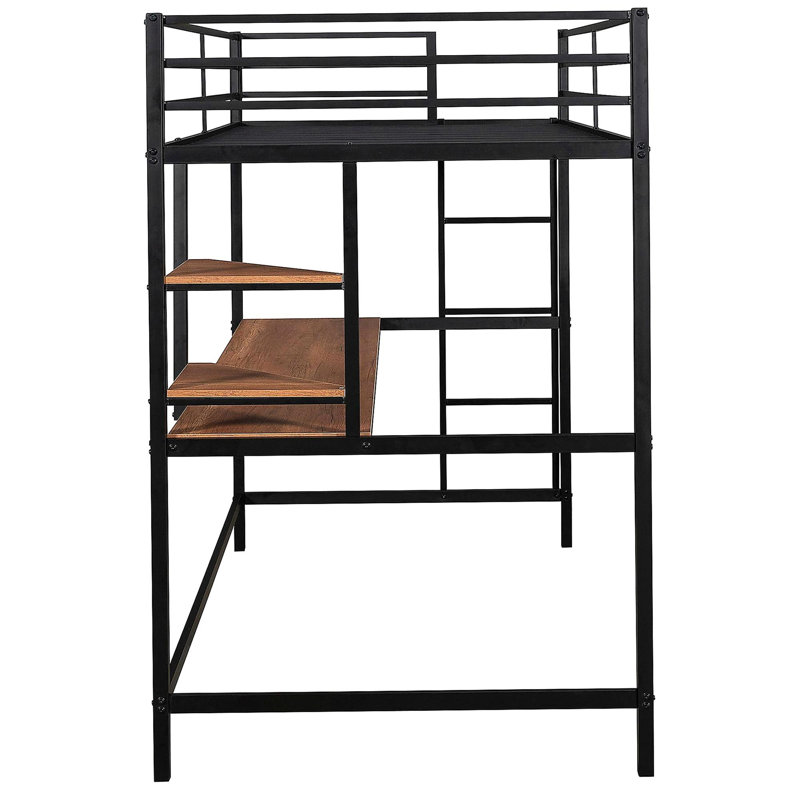 Lit superposé en métal blanc double avec bureau et bibliothèque, Blanc