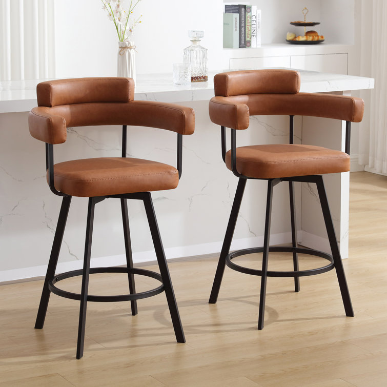 Rozie Swivel Upholstered 26" Faux Leather Counter Stool with Curved Wing Back and Metal Frame