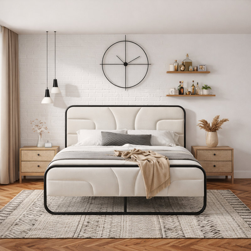 Nelsie Upholstered Platform Bed with Velvet Tufted Headboard,White Fabric,Black Frame, Queen, White