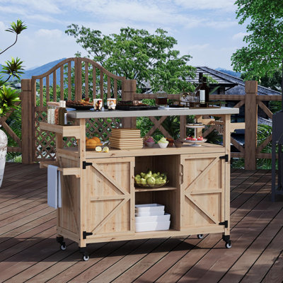 Chariot de gril d'extérieur avec armoire de rangement Table de préparation en métal pour îlot de cuisine avec roulettes universelles mobiles et plateau en acier inoxydable