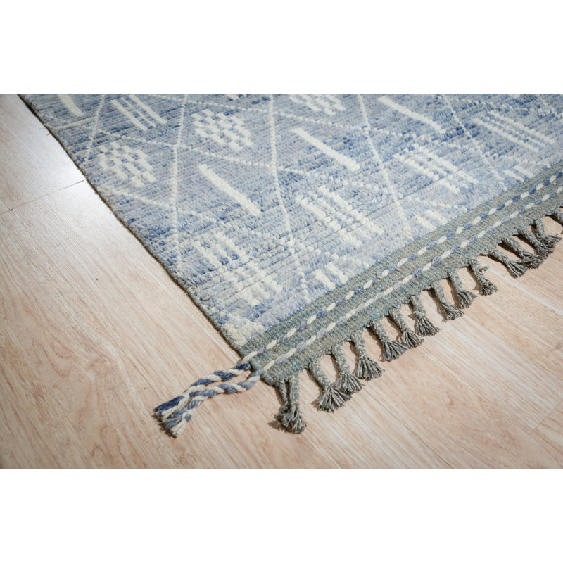 8x11 Blue Hand-Knotted Wool Diamond Lattice Stripes Tribal Modern Contemporary Carpet Rug