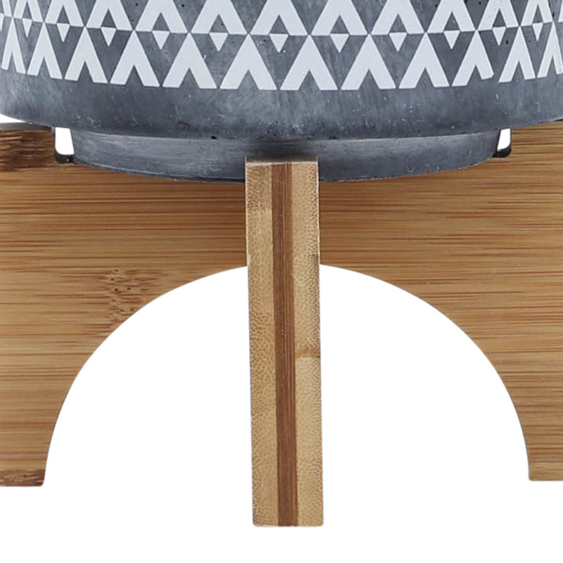 Ceramic 5" Aztec Planter On Wooden Stand, Gray, 6.04" H x 5.04" W x 5.04" D