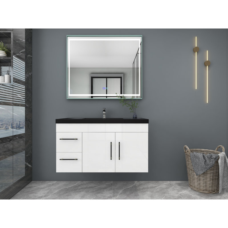 Ensemble de meuble-lavabo mural simple 42 po Campagne, Blanc ultrabrillant, Noir mat