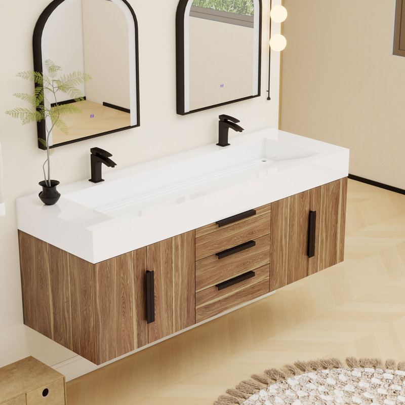 Jessica 60'' Wall-Mounted Single Bathroom Vanity, Natural Oak