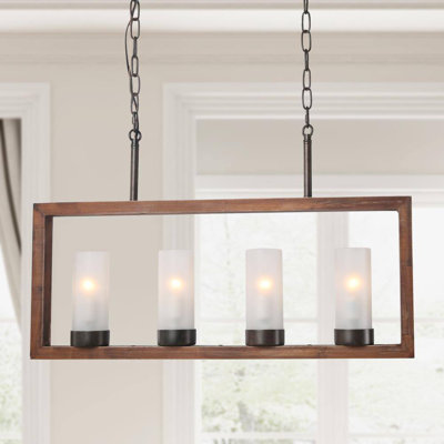 Farmhouse Modern 4-Light Linear Wood Pendant with Frosted Glass Shade