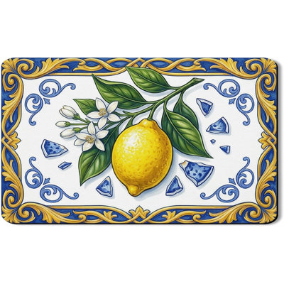Tapis de séchage à vaisselle floral citron pour comptoir de cuisine, tapis d'égouttoir en caoutchouc absorbant bleu et jaune, tapis de séchage méditerranéen Spring Vintage 16 x 24 po