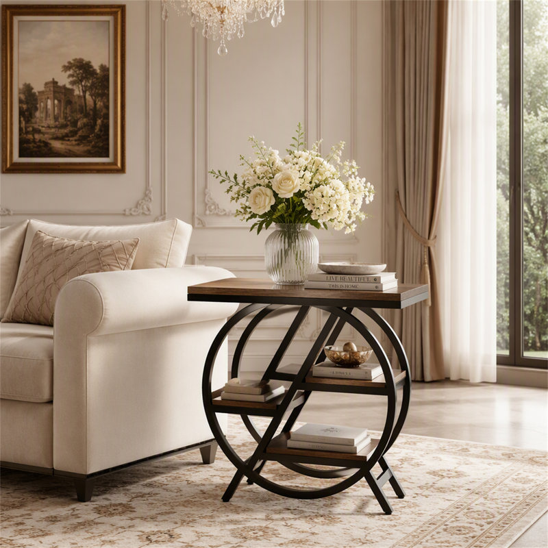 Table de bout à 4 niveaux, petite table d'appoint avec tablettes de rangement, Rustic Brown / Black, Brun rustique, Noir