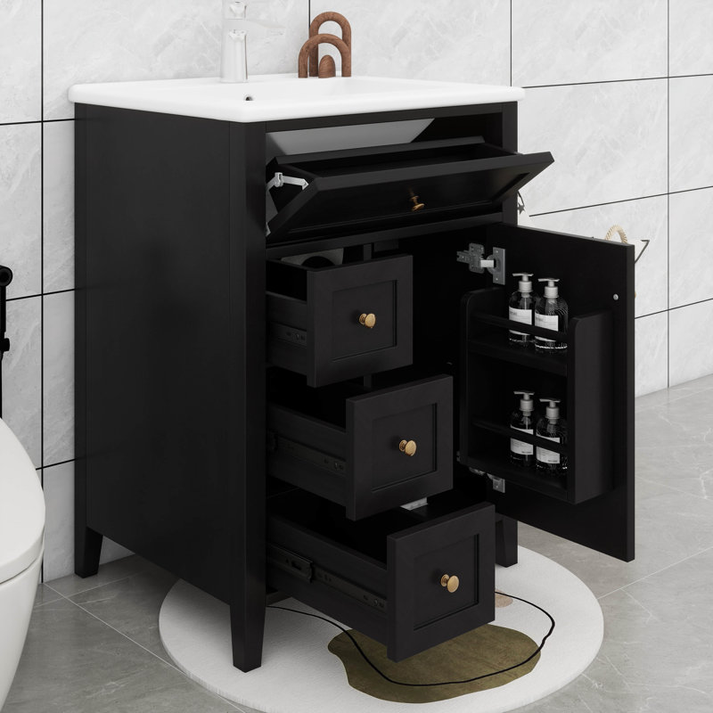 Meuble-lavabo 24 po avec lavabo supérieur, tiroirs et tiroir rabattable, tablette réglable, Noir et or