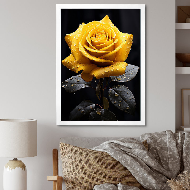 Danail, jaune, noir, rose, élégance III - fleurs, art mural, H 40 po x l 30 po x P 1,5 po, Cadre simple blanc