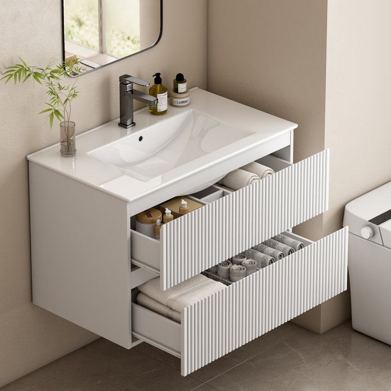 Meuble-lavabo mural simple avec lavabo en céramique et 2 tiroirs, Blanc, 31.5