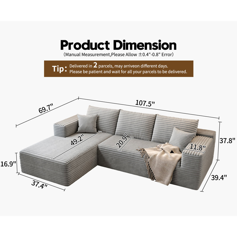 Canapé modulaire 107,5 po Cloud, Tissu velours côtelé gris moelleux, Orienté à gauche (vu de face)