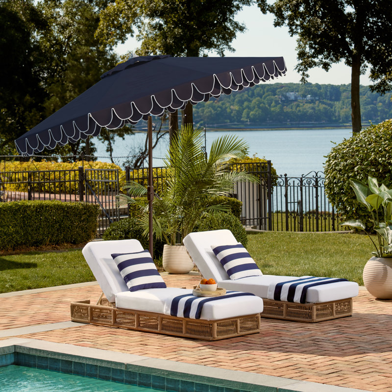 Outdoor Uv Resistant Elegant Valance Manual Tilt Umbrella, Brown, Navy