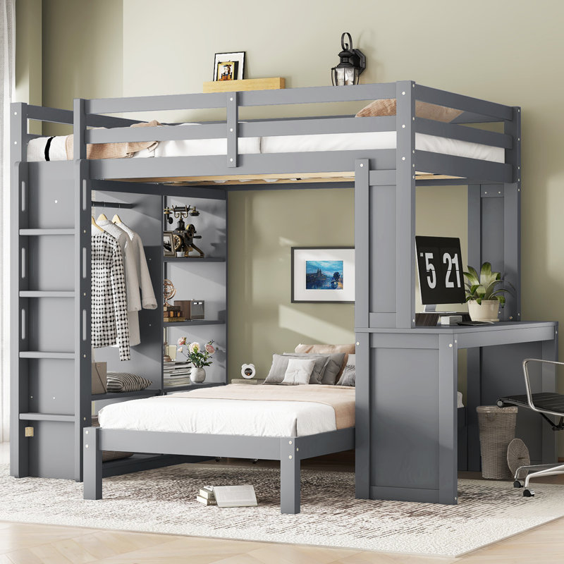 Lit superposé double TG / double avec lit inférieur amovible, bureau, structure de lit mezzanine en bois massif avec tablettes et garde-robe, gris