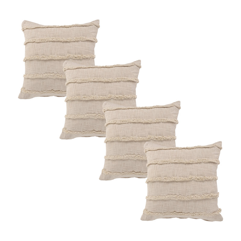 Fringed Solid 100% Cotton Throw Square Pillow Cover Set of 4, Gray, Pillow Cover Only - No Insert