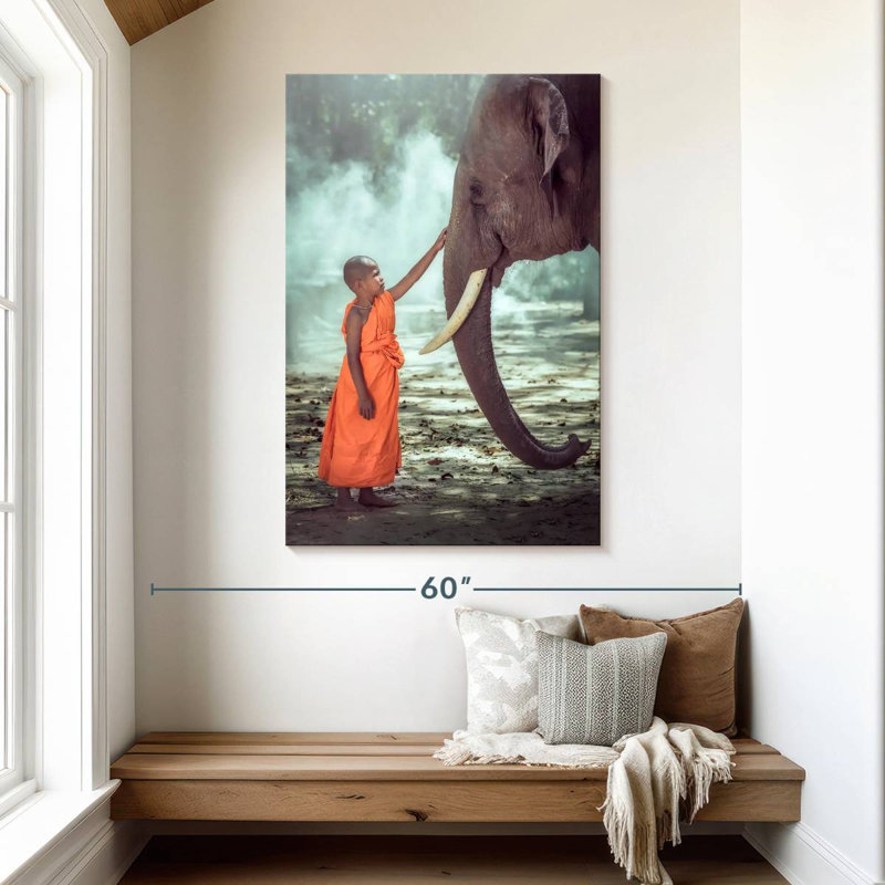 Brampt Young Monk And Elephant, 48" H x 32" W