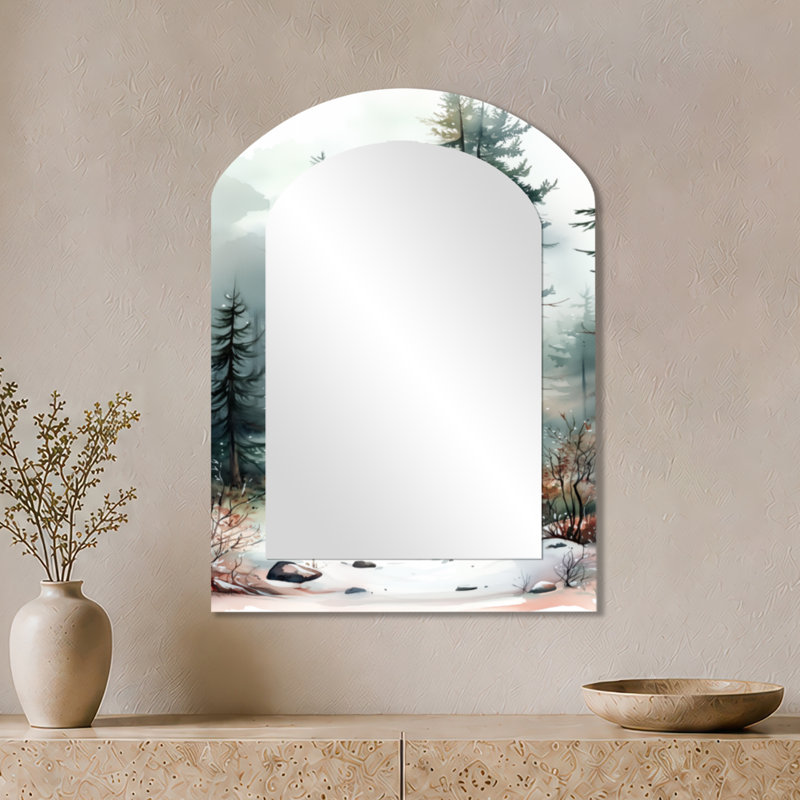 Miroir mural blanc en métal Farmhouse - Snowy Pine Tree Forest Path, impression métallique, 34" x 25"