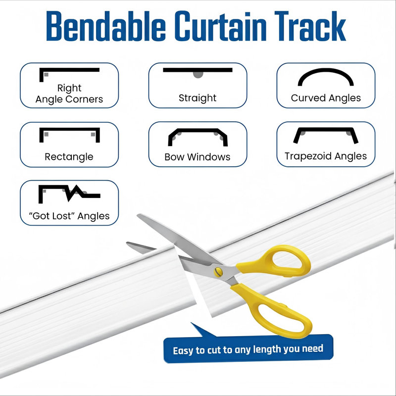 Tringle à rideaux flexible, ensemble de rails de 7 m (22,9 pi), blanc | Le rail de rideau flexible se plie pour un coulissement en douceur, ce qui le rend idéal pour les paravents, les véhicules récréatifs et les baies vitrées.