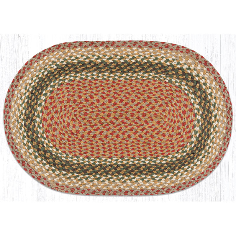 Handmade Oval Braided Jute Rug in Olive, Burgundy, and Gray