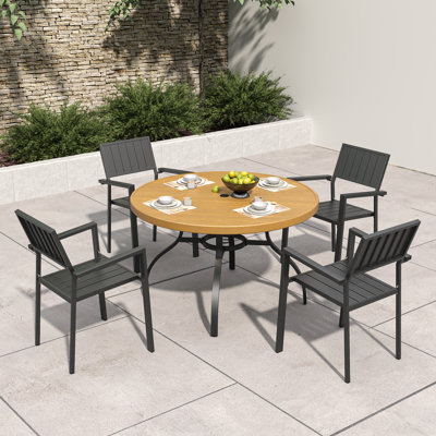 5 Piece Outdoor Patio Dining Set, Round Wood Grain Table With Umbrella Hole And 4 Stackable Metal Chairs
