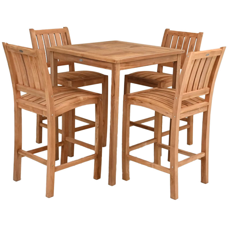 Teak Wood Bar Set Including Square Bistro Bar Table And Abacho Barstools, 43" H x 35" L x 35" W, 4