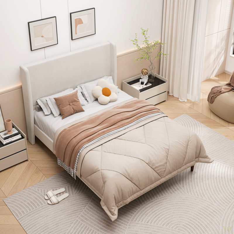Lit tapissier pour tête de lit haute, base de lit grand, support à 12 lattes, facile à assembler, beige, toile de lin, aucun sommier requis