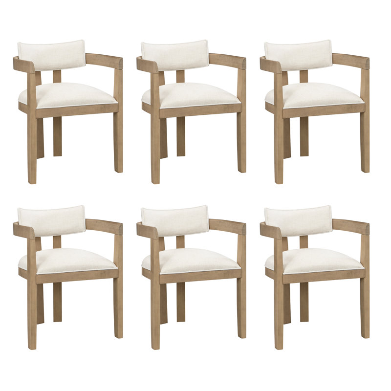 Linen Upholstered Armchair in Beige, 6, Natural Wood