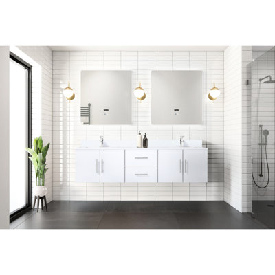 Meuble-lavabo blanc lustré 72 po X 22 - Structure en bois massif, comptoir en quartz, mécanisme de fermeture en douceur, espace de rangement spacieux, comptoir à gratter et à teindre, porte en bois avec installation sur robinet double, portes, grand